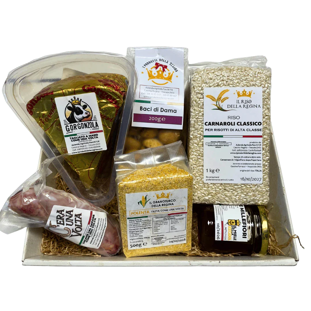 Confezione regalo con prodotti artigianali: gorgonzola, polenta, riso carnaroli, biscotti Baci di Dama e miele Millefiori da C'era Una Volta - Bottega delle Mucche, Trecate (NO)