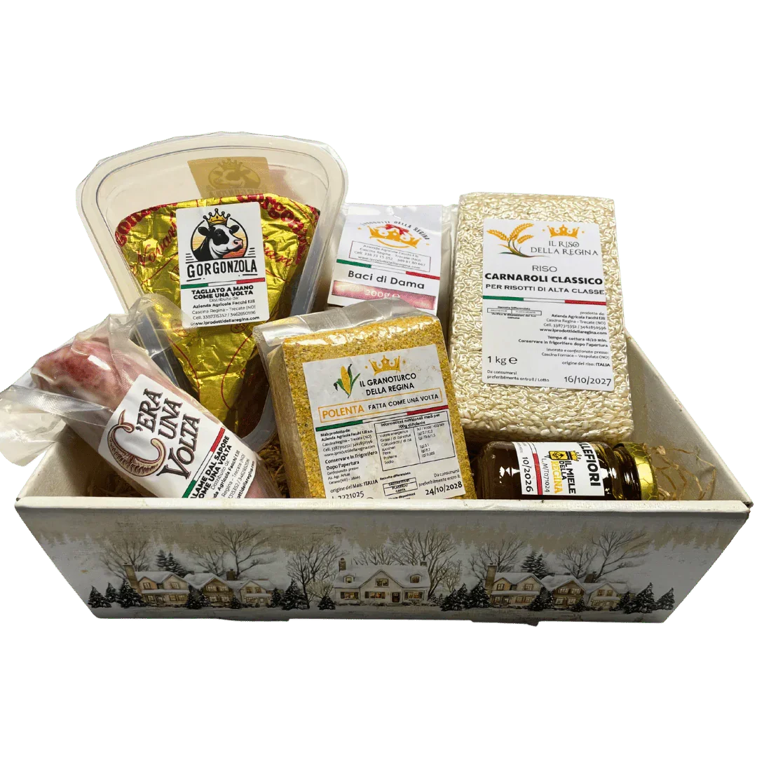 Confezione regalo con prodotti tradizionali tra cui gorgonzola, polenta, riso carnaroli, miele e dolci, C'era una volta - Bottega delle Mucche - Trecate (NO)