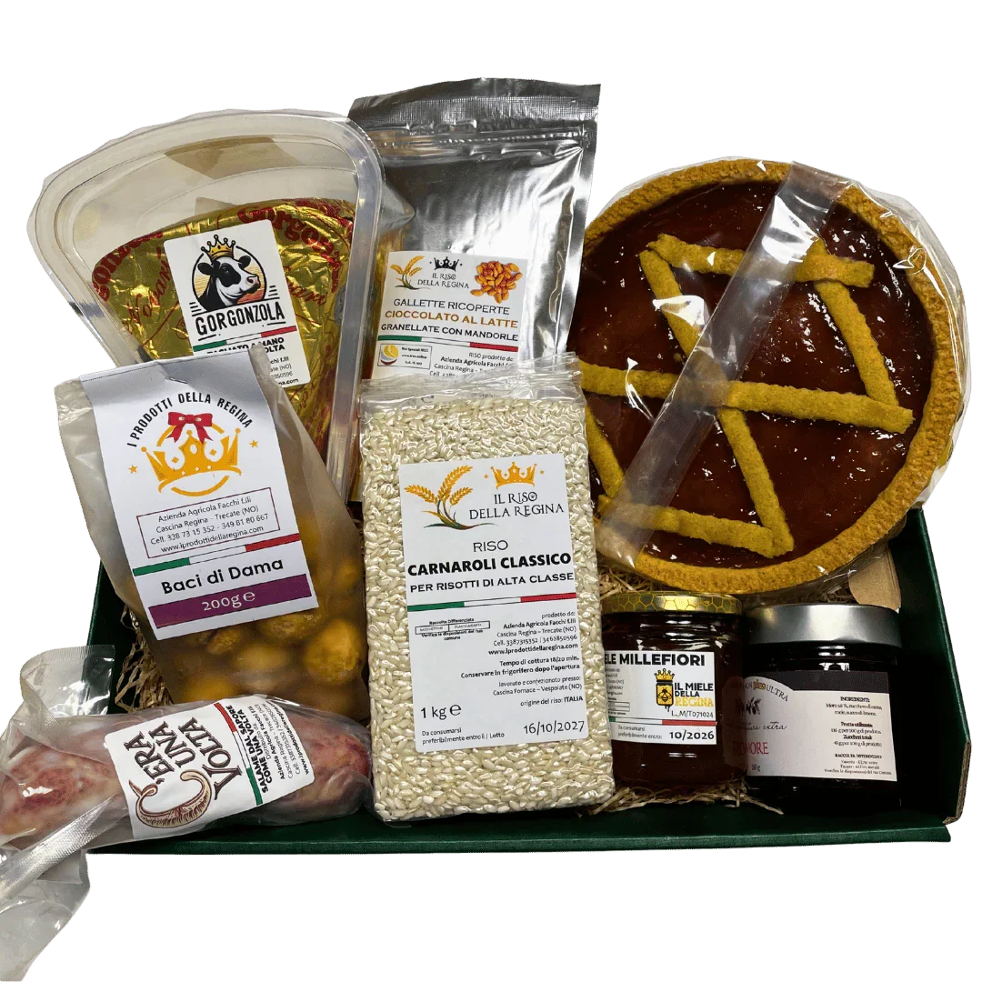 Confezione regalo C'era Una Volta con formaggi, riso Carnaroli, miele millefiori, dolci tipici e salumi dalla bottega di Trecate (NO)