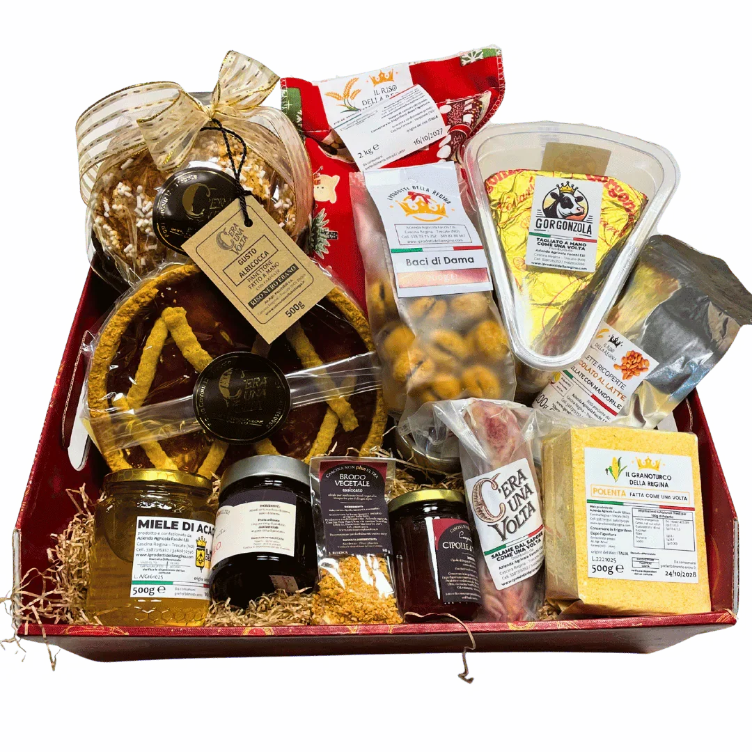 Cesta regalo prodotti tipici tra cui miele di acacia, polenta, salame e gorgonzola di C'era Una Volta - Bottega delle Mucche - Trecate (NO)