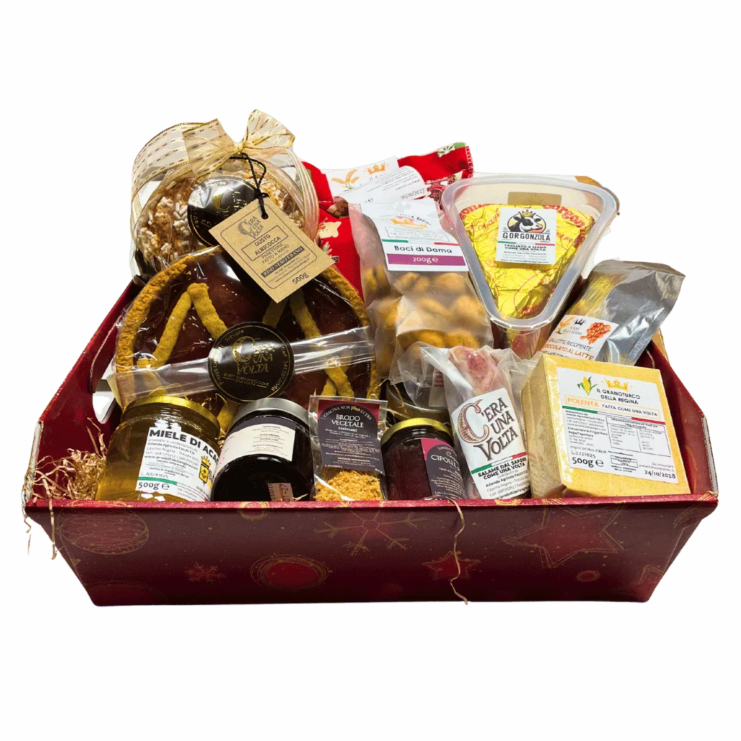 Cesto regalo di prodotti artigianali con miele, salame, polenta, gorgonzola e dolci da C'era Una Volta - Bottega delle Mucche - Trecate (NO)