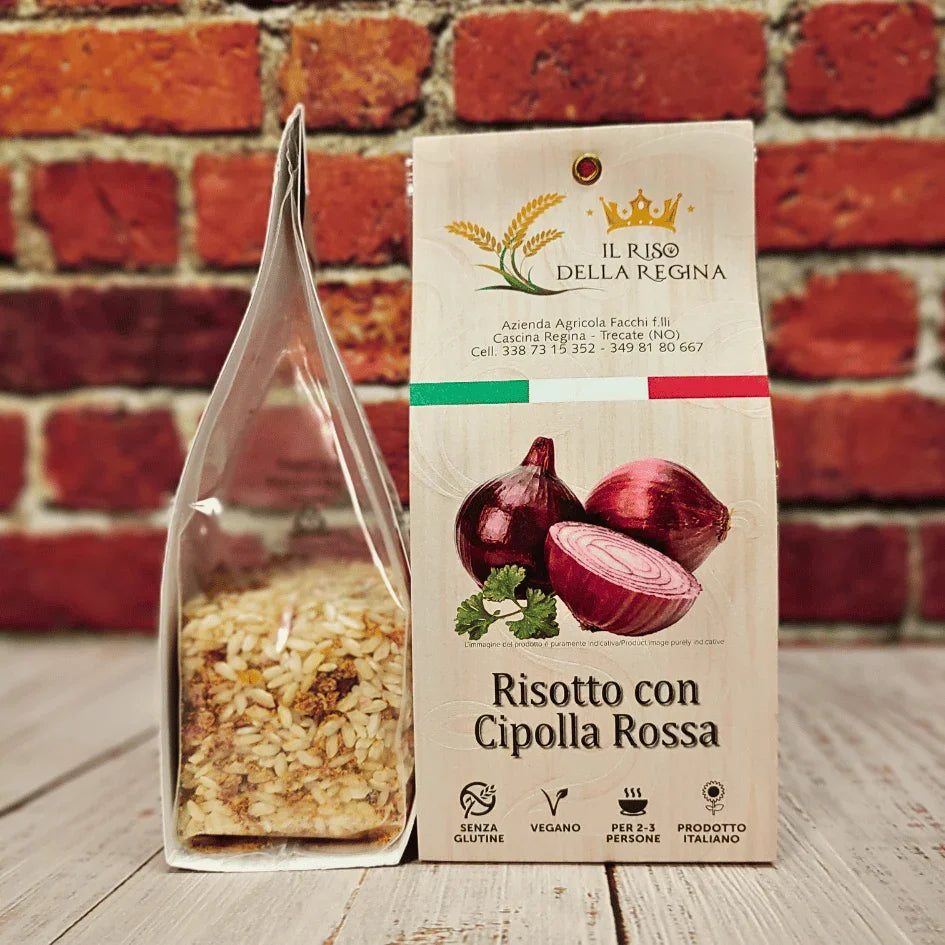 Confezione risotto con cipolla rossa di Tropea Il Riso della Regina, prodotto italiano senza glutine e vegano, C'era una volta - Bottega delle Mucche - Trecate (NO)