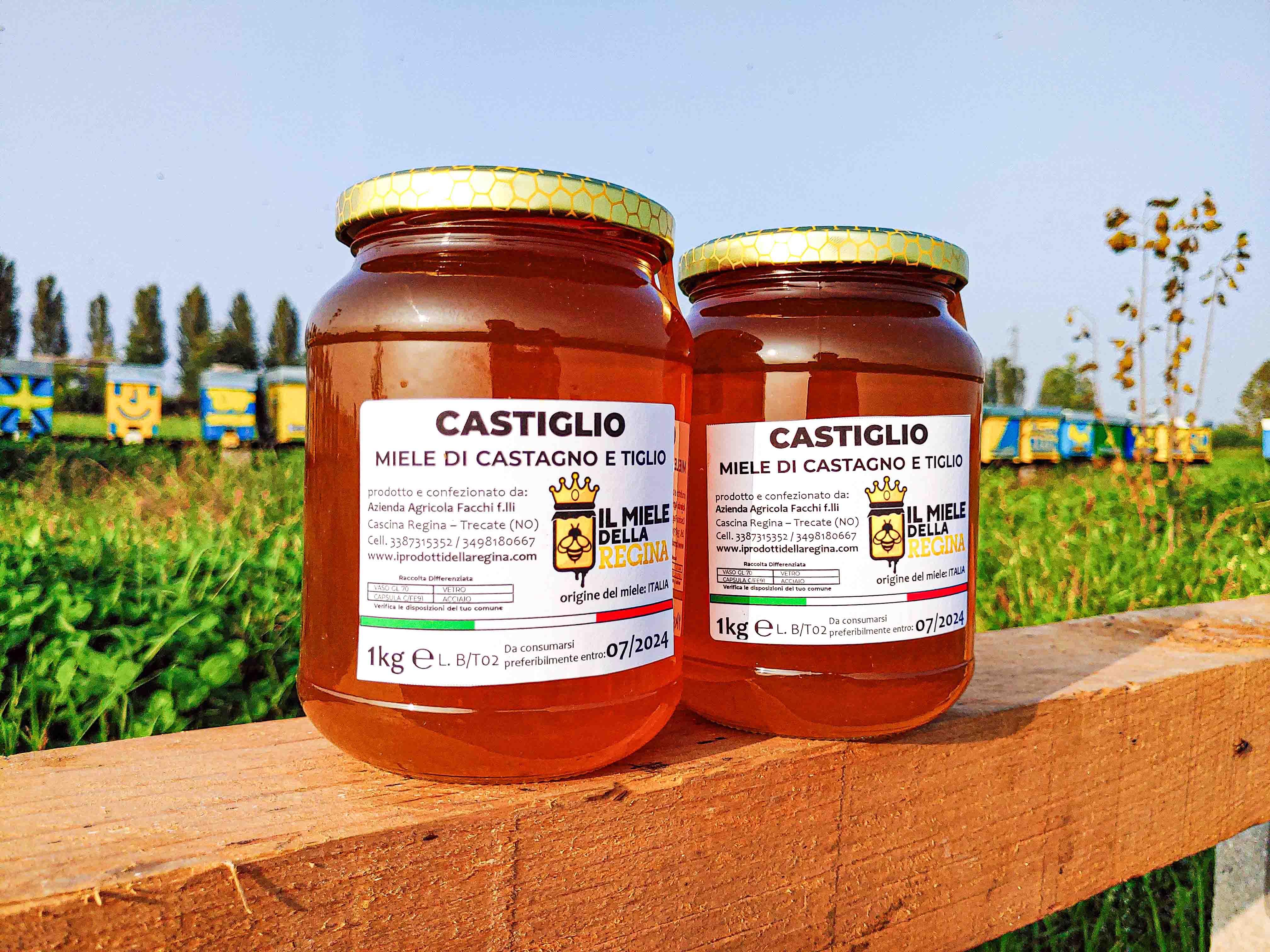 Barattoli di miele Castiglio miele di castagno e tiglio su tavola di legno all'aperto con apiari sullo sfondo, C'era una volta - Bottega delle Mucche - Trecate (NO)