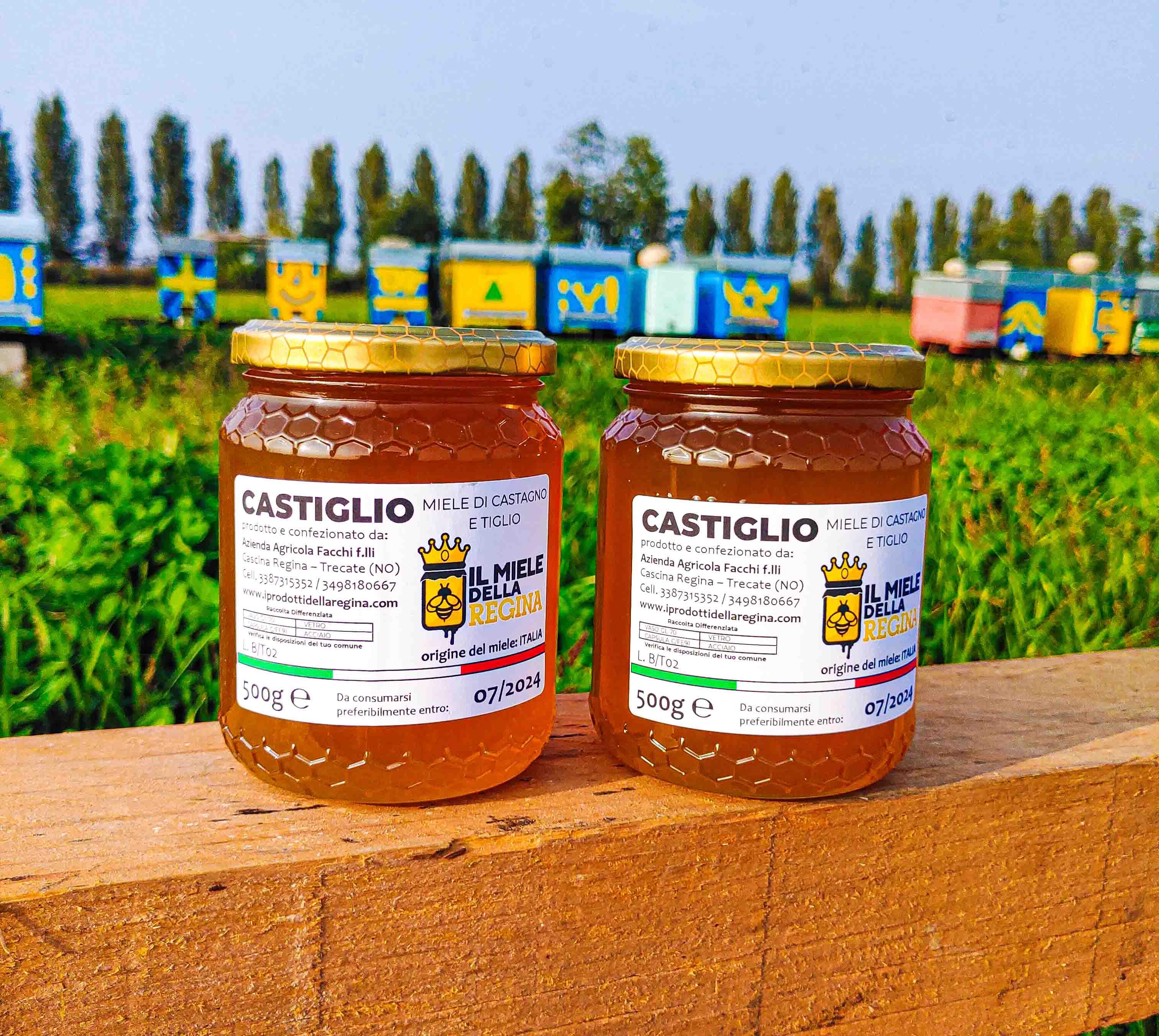 Due vasetti di miele Castiglio da 500g su una tavola di legno con arnie colorate sullo sfondo, C'era Una Volta - Bottega delle Mucche - Trecate (NO)